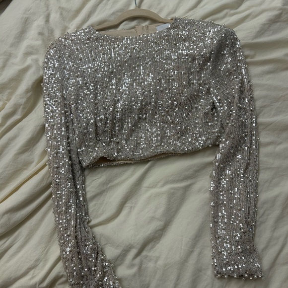 MARBLE Tops - MARBLE Silver Sequin Long Sleeve Crop Top